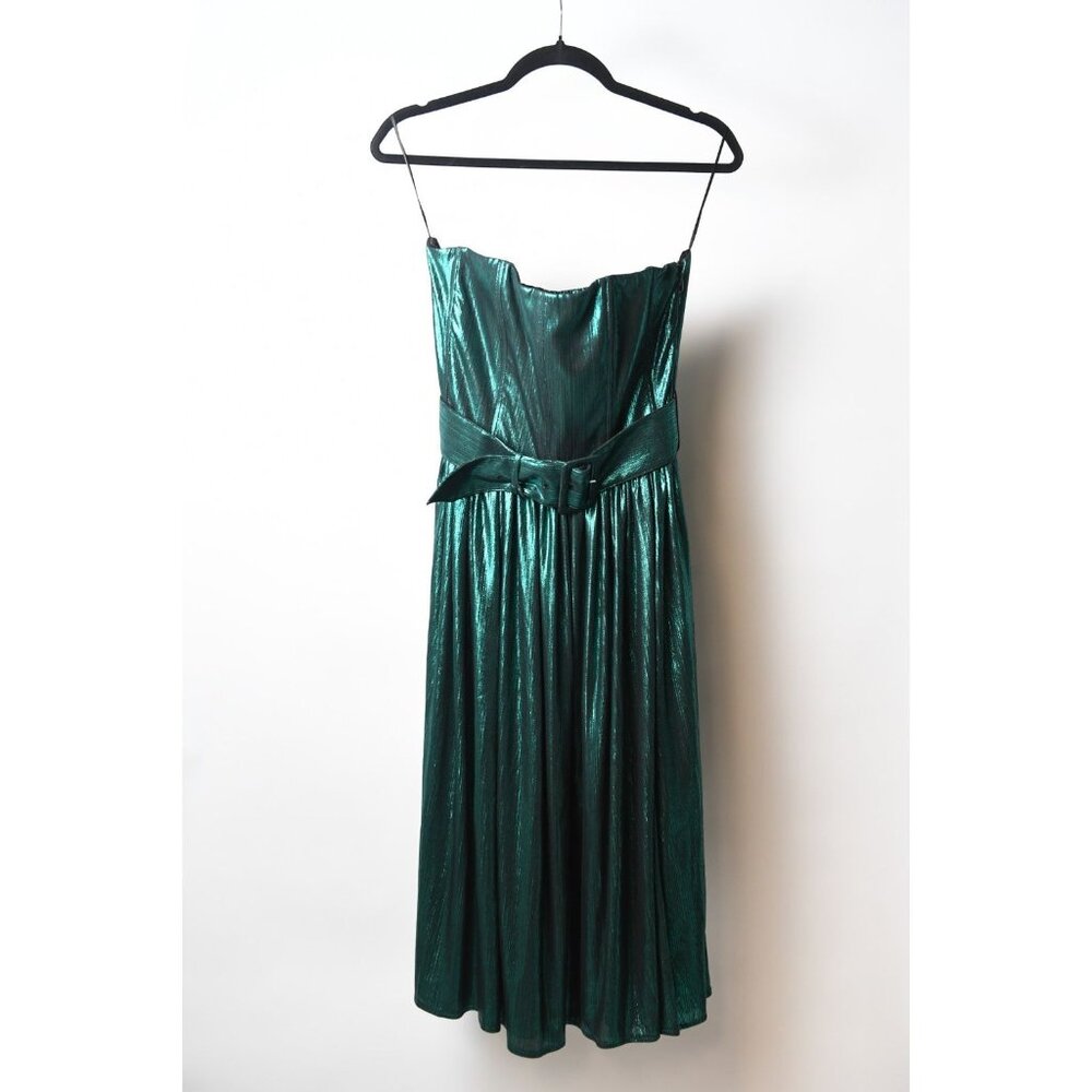 Retrofete Green Metallic Dress Size M Strapless Lamé Tea Length Belted